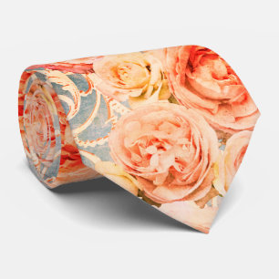 Vintage Coral Peach Rose Damask Floral Pattern Tie