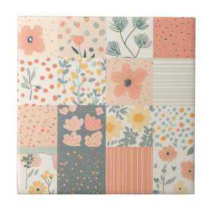 Vintage Coral Peach Sage Floral Patchwork Ceramic Tile