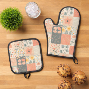 Vintage Coral Peach Sage Floral Patchwork Oven Mitt & Pot Holder Set