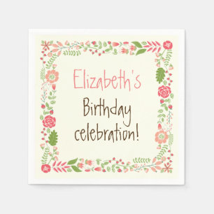 Vintage coral pink floral border birthday party napkin