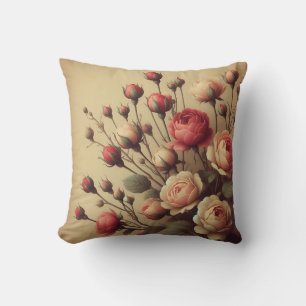 Vintage Coral Rose Buds Classical Floral Cushion