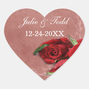 Vintage Coral Rose Save The Date Heart Sticker