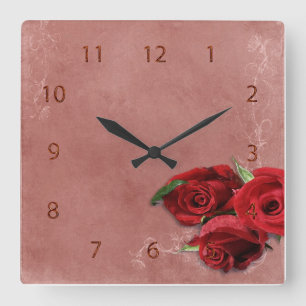 Vintage Coral Rose Square Wall Clock