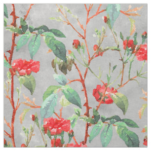 Vintage Coral Roses Garden Floral Watercolor Fabric