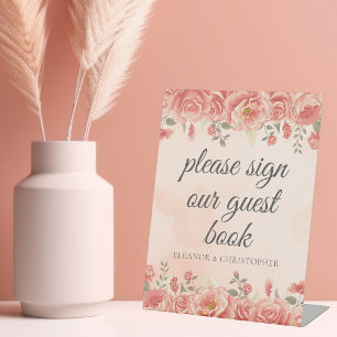 Vintage Coral Roses Watercolor Wedding Guest Book Pedestal Sign