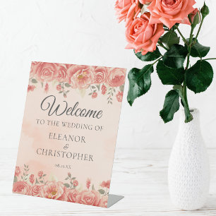Vintage Coral Roses Watercolor Wedding Welcome Pedestal Sign