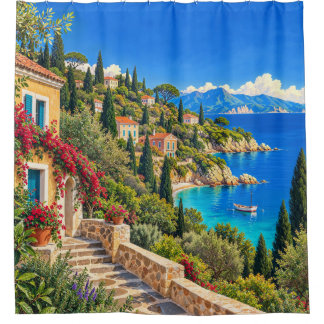 Vintage Corfu Coastal Landscape Shower Curtain