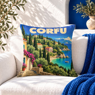 Vintage Corfu Greece Travel Poster Throw Pillow