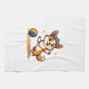 Vintage Corgi Volleyball Dog Vector Illustration S Tea Towel