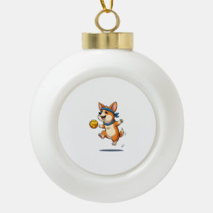 Vintage Corgi Volleyball Illustration Cute Dog Ath Ceramic Ball Christmas Ornament