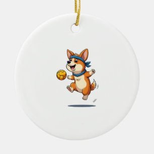Vintage Corgi Volleyball Illustration Cute Dog Ath Ceramic Ornament