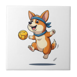 Vintage Corgi Volleyball Illustration Cute Dog Ath Ceramic Tile