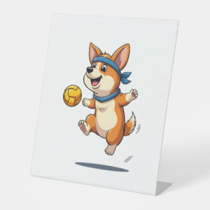 Vintage Corgi Volleyball Illustration Cute Dog Ath Pedestal Sign