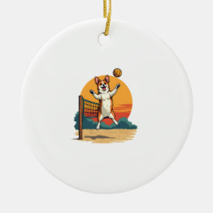 Vintage Corgi Volleyball Retro Sunset Vector Illus Ceramic Ornament