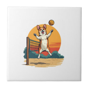 Vintage Corgi Volleyball Retro Sunset Vector Illus Ceramic Tile