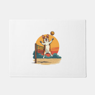 Vintage Corgi Volleyball Retro Sunset Vector Illus Doormat