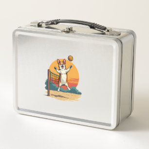Vintage Corgi Volleyball Retro Sunset Vector Illus Metal Lunch Box
