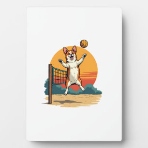 Vintage Corgi Volleyball Retro Sunset Vector Illus Plaque