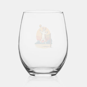 Vintage Corgi Volleyball Retro Sunset Vector Illus Stemless Wine Glass