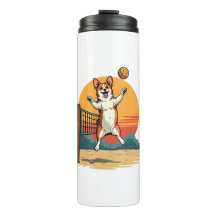 Vintage Corgi Volleyball Retro Sunset Vector Illus Thermal Tumbler