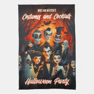 Vintage Costumes and Cocktails Halloween Party Tea Towel