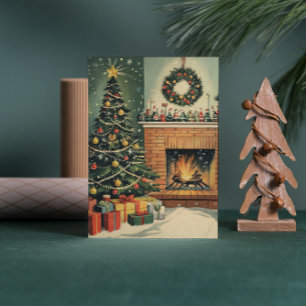 Vintage Cosy Christmas Living Room Decorated Tree Holiday Card