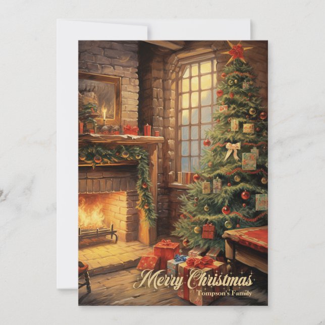 Vintage cosy interior Christmas tree and fireplace Holiday Card (Front)
