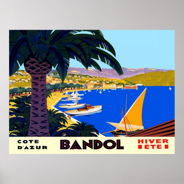 Vintage Cote D'Azur Bandol French Travel Poster (Front)