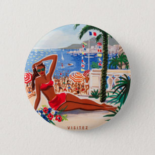 Vintage Cote D'Azur Beach Girl 6 Cm Round Badge