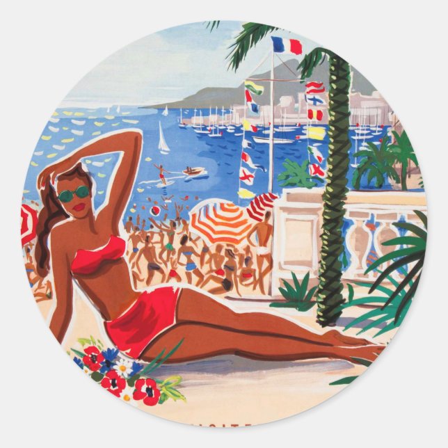 Vintage Cote D'Azur Beach Girl Classic Round Sticker (Front)