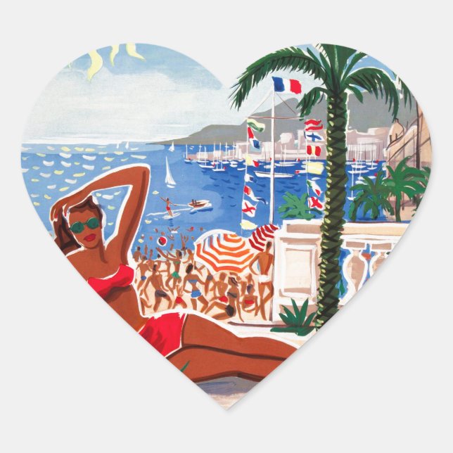 Vintage Cote D'Azur Beach Girl Heart Sticker (Front)