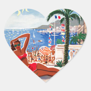 Vintage Cote D'Azur Beach Girl Heart Sticker
