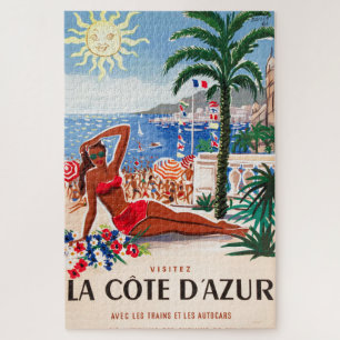 Vintage Cote D'Azur Beach Girl Illustration Art Jigsaw Puzzle