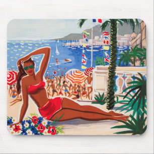 Vintage Cote D'Azur Beach Girl Mouse Pad