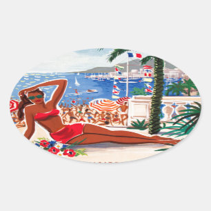 Vintage Cote D'Azur Beach Girl Oval Sticker