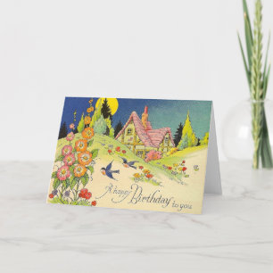 Vintage Cottage Birthday Greeting Card