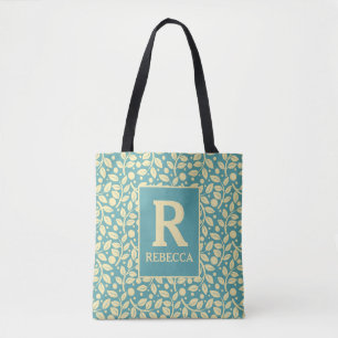  Vintage Cottage Blue and Cream Leaf Tote Bag