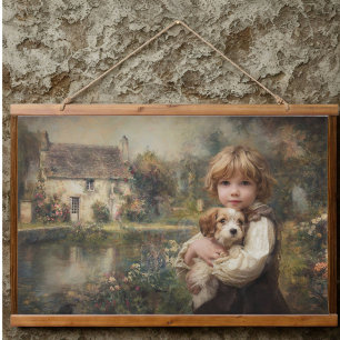 Vintage Cottage Child with Puppy Poster Hanging Tapestry