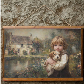 Vintage Cottage Child with Puppy Poster Hanging Tapestry