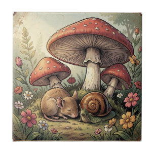 Vintage Cottage Core Mushrooms and Wildlife Ceramic Tile