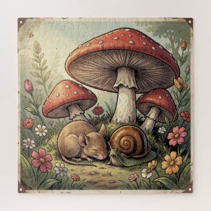 Vintage Cottage Core Mushrooms and Wildlife Jigsaw Puzzle