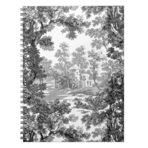 Vintage Cottage Landscape Toile-Black & White Notebook