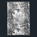 Vintage Cottage Landscape Toile-Black & White Tea Towel<br><div class="desc">Classic vintage landscape toile de jouy pattern featuring rustic cottage and bridge in a clearing framed by a grove of trees in shades of black and grey on white background. Pattern is seamless and can be scaled up or down.</div>