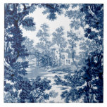 Vintage Cottage Landscape Toile-Blue & White Ceramic Tile<br><div class="desc">Classic vintage landscape toile de jouy pattern featuring rustic cottage and bridge in a clearing framed by a grove of trees in shades of light and dark blue on white background. Pattern is seamless and can be scaled up or down.</div>