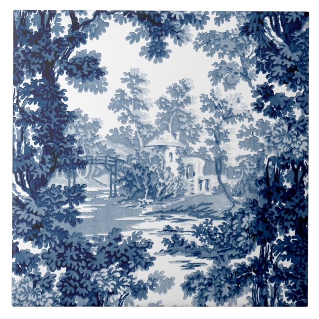 Vintage Cottage Landscape Toile-Blue & White Ceramic Tile (Front)