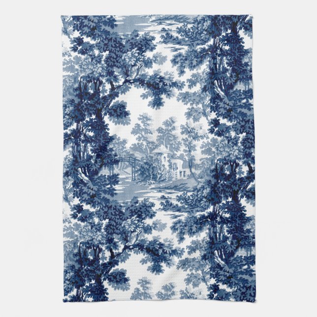 Vintage Cottage Landscape Toile-Blue & White Tea Towel (Vertical)