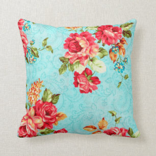 Vintage Cottage Red Rose Floral Decorative Pillow