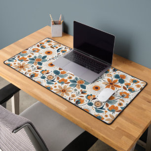 Vintage Cottagecore Botanical Orange Blue Flowers Desk Mat