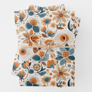 Vintage Cottagecore Botanical Orange Blue Flowers Wrapping Paper Sheet