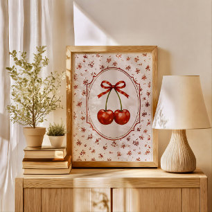 Vintage Cottagecore Coquette Red Cherry Ribbon Poster